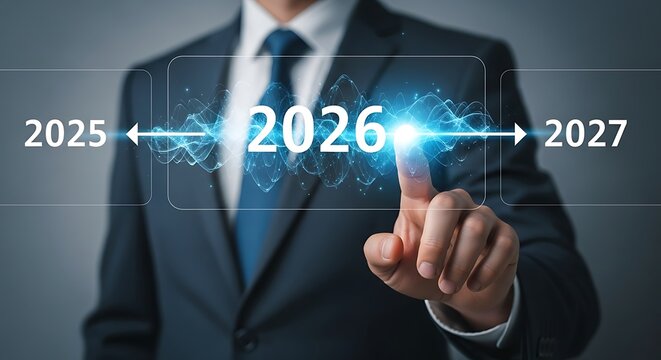 Businessman touches glowing future timeline touching - Powered by Adobe