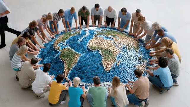 Global Harmony: A diverse group of people join hands, forming a circle around the globe, symbolizing unity, environmental protection and global cooperation.