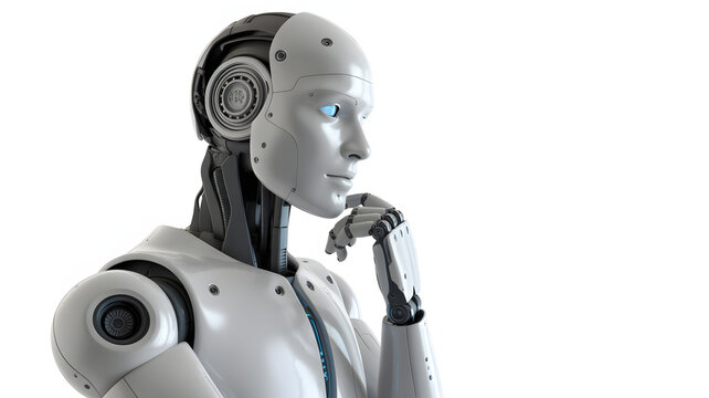 Close up of a white humanoid robot with blue eyes in a pensive pose on a white background