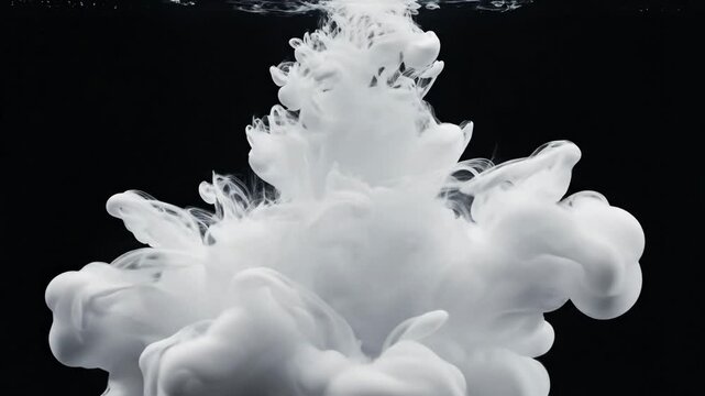White Ink Dropping and Spreading in Water on Black Background, Abstract Fluid Flow.