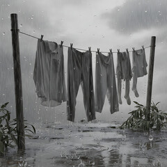 Rainy Day Laundry Clothing on a Clothesline in the Rain