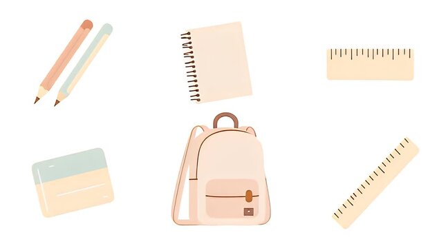 Flat pastel clipart set of pencils, notebook, ruler, eraser, sharpener, backpack; soft minimal shapes; clean white background; smooth vector edges.