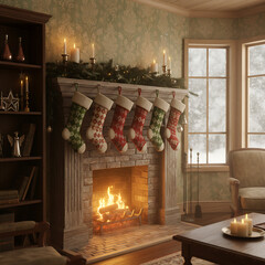 Cozy Christmas fireplace with stockings, candles, and a festive scene with a glowing fire, perfect for holiday decoration