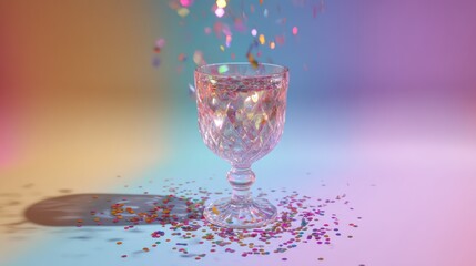 A shimmering crystal goblet filled with sparkling liquid sits centered against a seamless gradient background rainbow confetti exploding