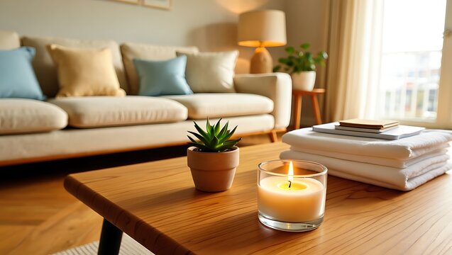 Cozy living room with candle succulent and soft furnishings for relaxation