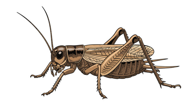 A brown cricket insect with long antennae and powerful jumping legs, depicted in a detailed side profile illustration.