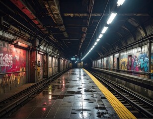 Dark, wet subway station with graffiti-covered walls, dimly lit, and reflecting surfaces