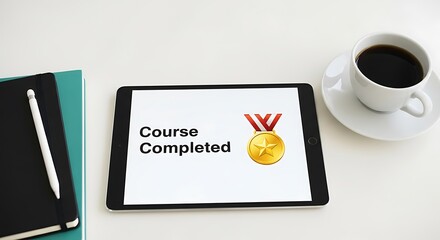Tablet displaying course completion medal and coffee