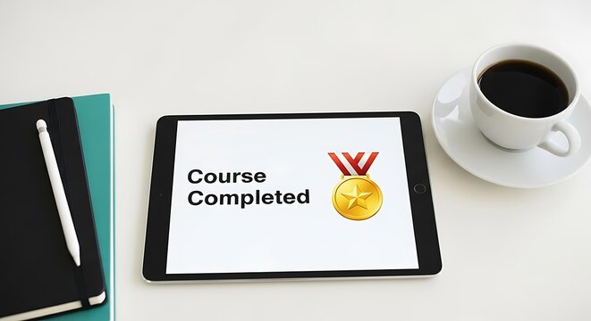 Tablet displaying course completion medal and coffee