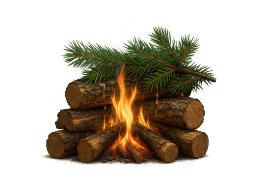 Campfire burning logs with pine branch, creating warmth, coziness, and outdoor adventure concept, transparent background