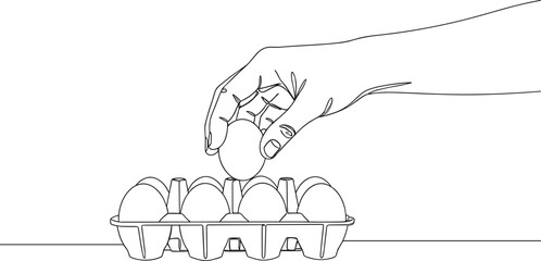 Continuous Single Line Art Drawing of a Hand Placing an Egg into a Carton for Cooking, Food, and Grocery Themes Vector.