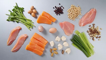 A diverse array of healthy food options arranged artfully. Fresh produce, protein sources, and nuts come together to create a nutrient-rich and colorful composition.  Stock Video