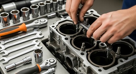 Mechanic hands assembling engine block with tools wrench