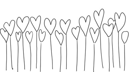 Hand-drawn Heart Flowers Doodle Border - Simple Black and White Line Art Illustration for Love and Romance Design