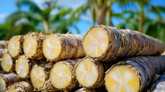 A stack of wooden logs and branches, ready for construction or industrial use. The natural texture and color variations suggest a high-quality resource.