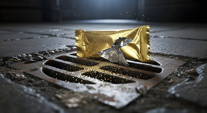 A crumpled gold foil wrapper lying on a metallic drain grate with spilled glitter-like particles on a wet surface, illuminated by soft lighting in an urban setting