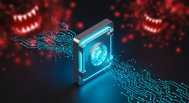 A digital fortress protects sensitive data from malicious cyber threats, symbolized by menacing creatures in a high-tech, futuristic visual narrative. - Powered by Adobe