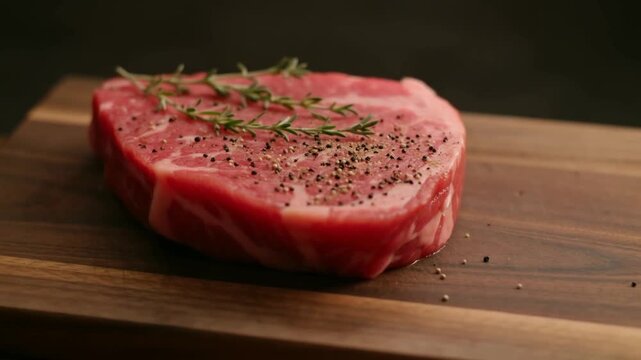 A delicious raw steak with seasoning on a wooden board ready for cooking Stock Video