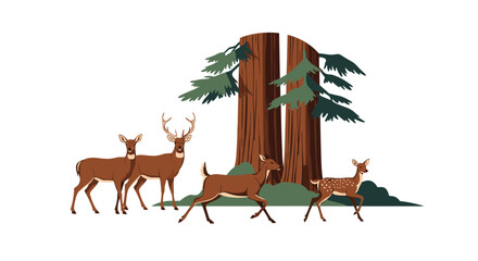 A family of deer, including a buck, a doe, and fawns, moves gracefully through a serene woodland scene with tall trees and lush greenery.