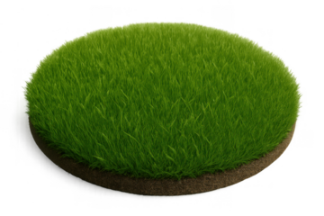 Round green grass patch on a brown base, a cut out section of lawn or turf, isolated on a transparent background