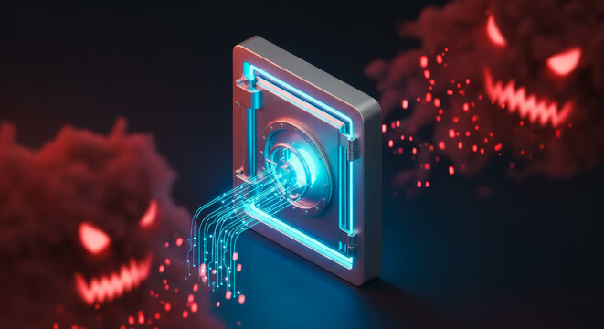 Intriguing digital depiction of a cyber security breach. Abstract digital art piece showing the dangers of cyber-attacks, where a menacing digital entities trying to breach secure network gateway.