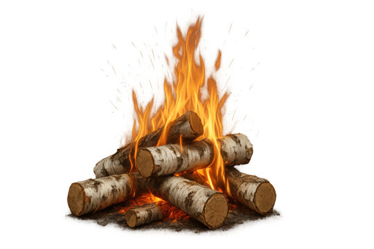 Campfire burning birch logs with bright orange flames, providing warmth and light during an outdoor adventure