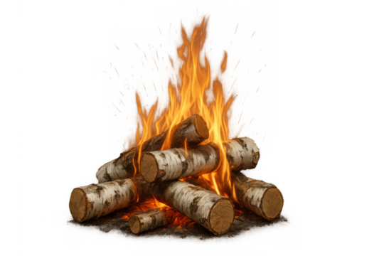 Campfire burning birch logs with bright orange flames, providing warmth and light during an outdoor adventure