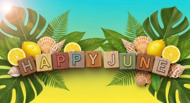 Happy june text with lemons, shells, and tropical leaves - Powered by Adobe