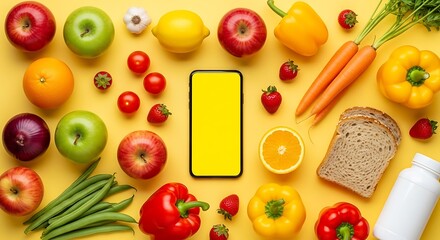 Colorful produce and healthy food items apples oranges