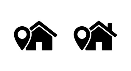 Home location icon. House with map pin symbol. Residential address sign