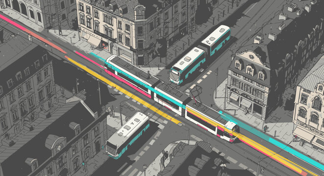 An elevated perspective showcases a bustling city intersection where modern trams and buses navigate vibrant, color-accented urban infrastructure.