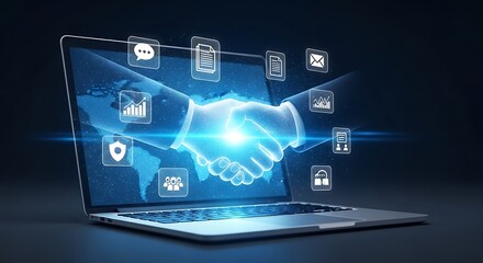 Digital handshake agreement on laptop screen business
