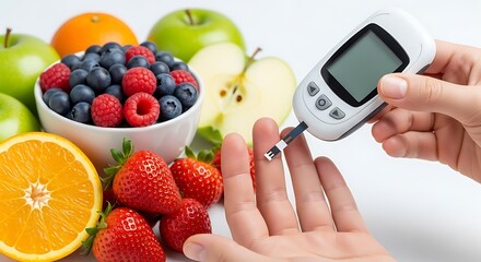 Blood glucose meter and fresh fruits diabetes berries