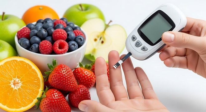 Blood glucose meter and fresh fruits diabetes berries