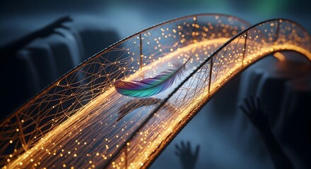 A futuristic digital illustration showcasing a vibrant feather surrounded by glowing particles and interconnected lines, symbolizing technology and innovation in a dark, abstract environment