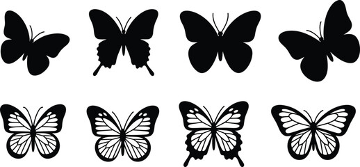 Black silhouette set of eight butterflies with varied wing shapes and internal patterns for nature, design, and identification use © Sammi's World