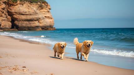 Three golden retrievers running on beach