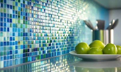 Reflective blue green mosaic kitchen tile backsplash