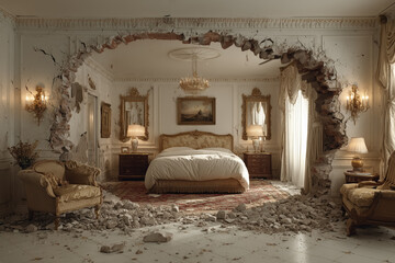 Luxurious bedroom with elegant decor and dramatic wall opening