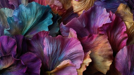 A textured surface of overlapping pansy petals deep saturated hues flowing in organic gradients sharp reveals veins and
