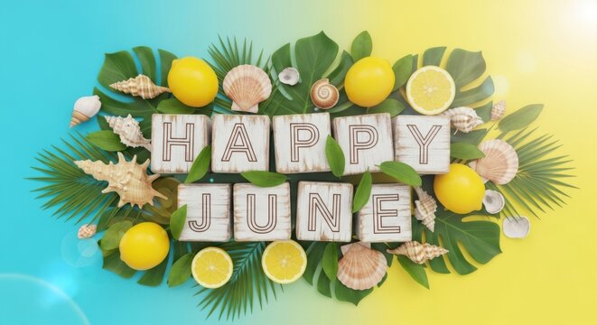Happy june text with tropical leaves, lemons, and seashells