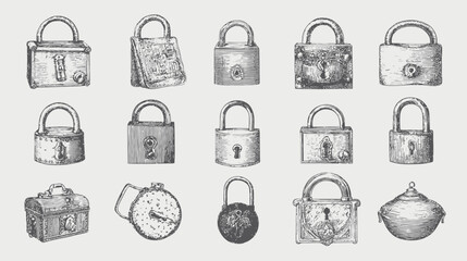 Vintage Hand-Drawn Padlocks Collection - Retro Sketch Art Set of Antique Metal Locks for Security and Protection Graphics