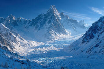 Majestic snow-covered mountains with clear blue sky and vast glacial landscape