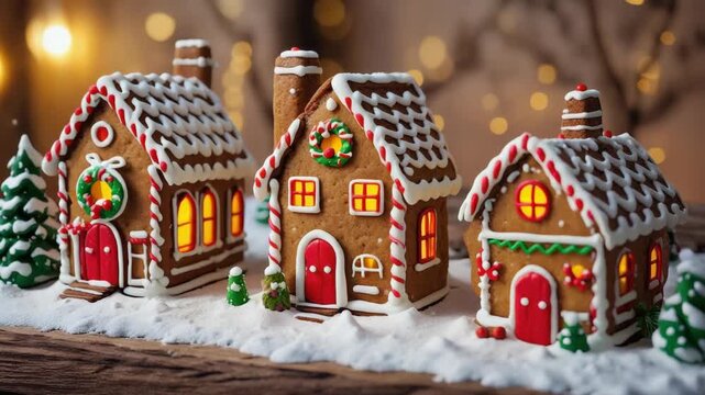 Set of charming gingerbread houses decorated for the festive season. Each cookie house has a unique design, evoking a cozy and joyful Christmas spirit.