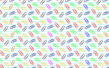 Fototapeta premium Colorful paper clip pattern. Paper clips seamless pattern background. Cute paper clips vector design. Education and office supplies pattern. Colorful paper clips pattern on lined notebook background.