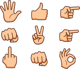 Cartoon Hand Gestures Icon Set Featuring Thumbs Up, Peace, Pointing, and Various Communication Signs Vector.