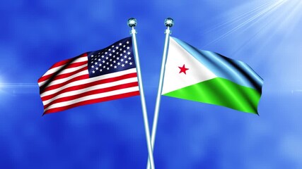 USA and Djibouti Flag Waving On Pole Loop