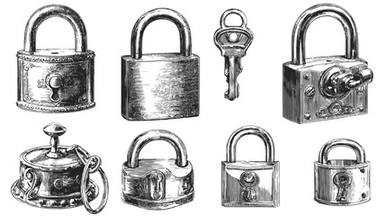 Vintage Padlocks and Key Set Hand Drawn Engraving Illustration. Antique Security Locks Collection Sketch.