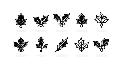 Stylized black and white holly leaf and berry icons set for Christmas and winter holiday graphic design elements