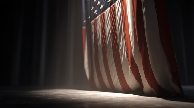 A United States flag suspended midair in dramatic spotlight, surrounded by subtle haze creating volumetric depth. Crisp edges